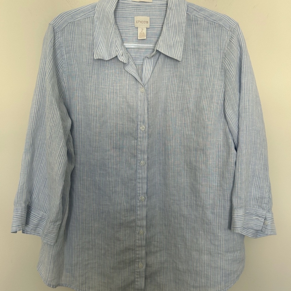 Chico’s‎ 100% Linen Blue and White Stripe Button Shirt Size 2 - Picture 3 of 7